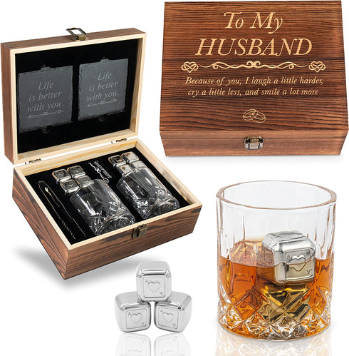 Anniversary Gift for Husband from Wife - Engraved 'to My Husband' Crystal Whiskey Glass Set